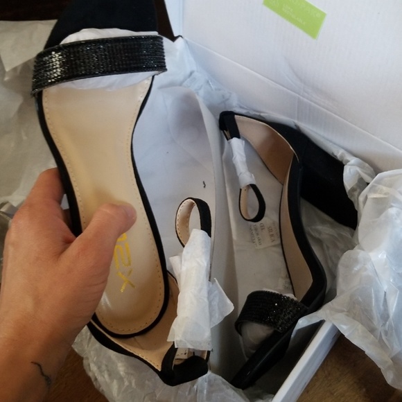 Amina Black Vegan Suede Rinestone Ankle Strap Heel - Picture 3 of 4